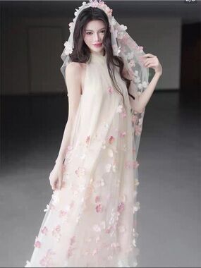Sheer Floral Embellished Maxi Dress in Cream and Pink. Comes with matching veil.